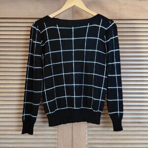 Vintage 1980s Preppy Black Knitted Sweater White Checkered Angora M